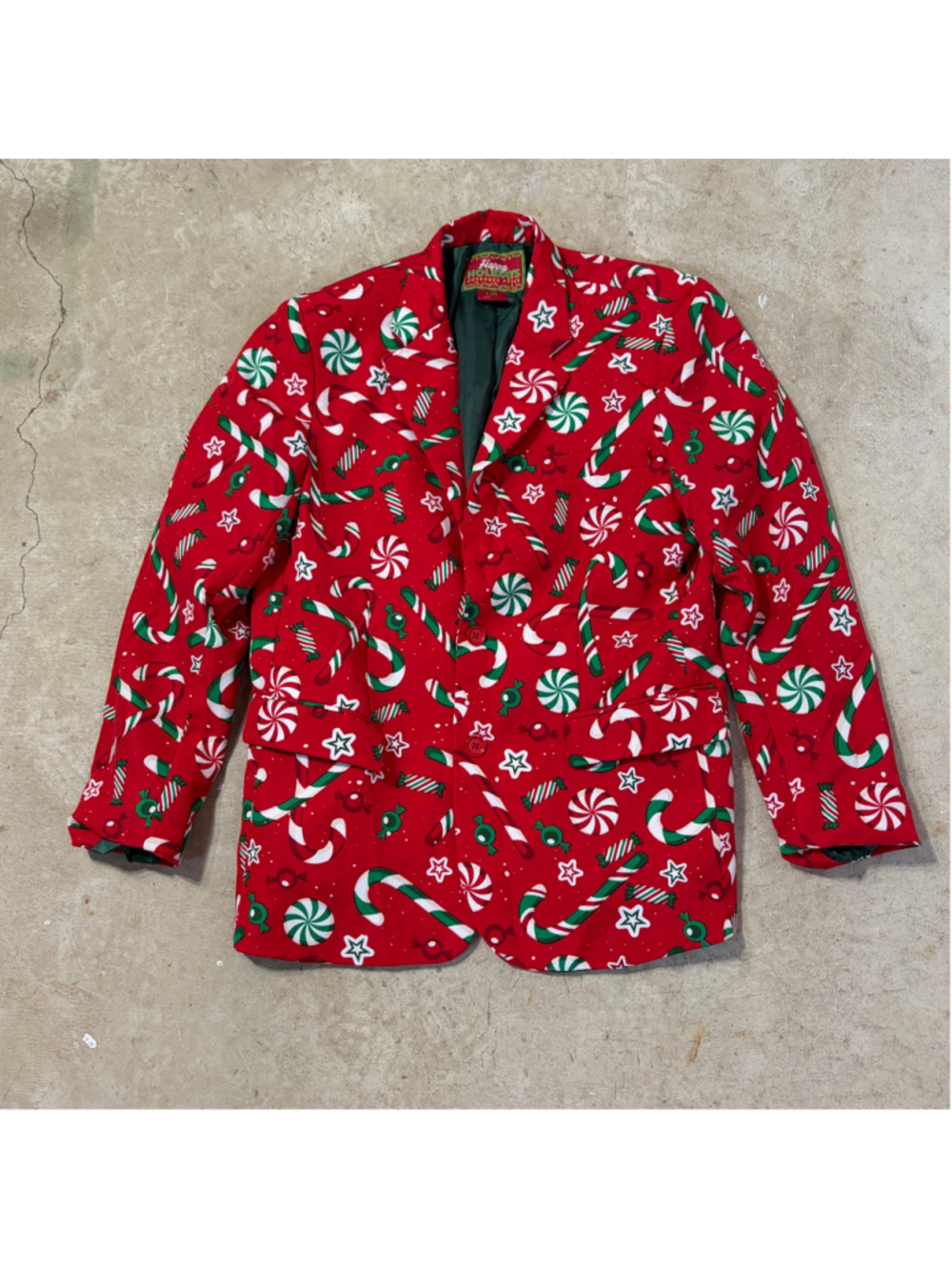 Happy Holidays Christmas Suit Jacket Blazer Red Candy Cane Peppermint Mens Large